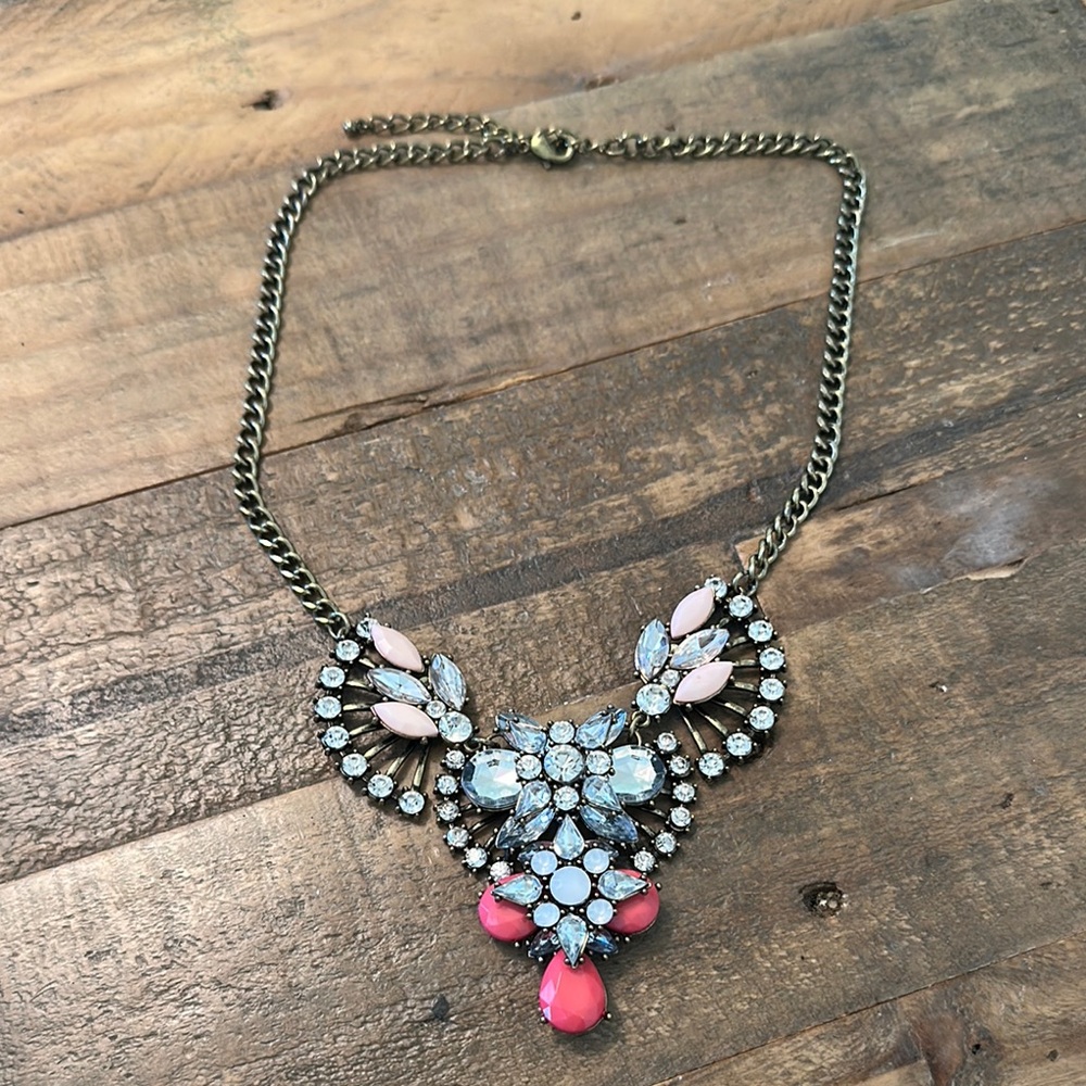 Elegant Pink and Crystal   Statement Necklace with Brushed  Gold Chain